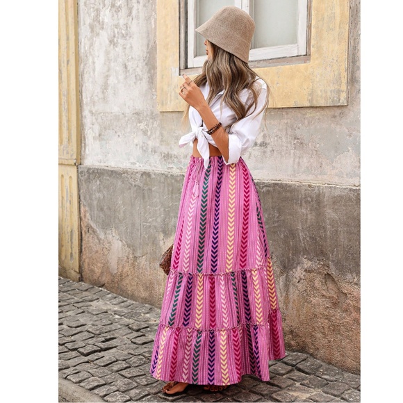 Pink Bohemian Chevron Print Ruffle Detail Maxi Skirt Faux Tassel Ties - Picture 4 of 7
